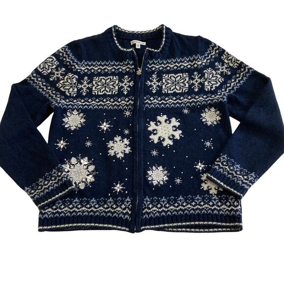 Croft & Barrow Fair Isle Embroidered Snowflakes Winter Sweater Cardigan Sz Med - Picture 2 of 9